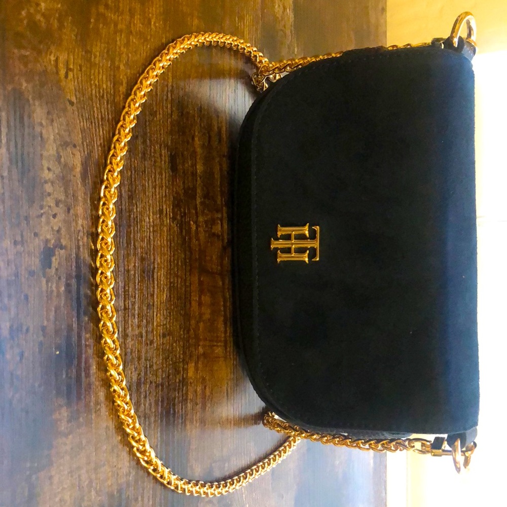 Tommy Hilfiger joy mini crossbody bag navy suede and leather with gold hardware